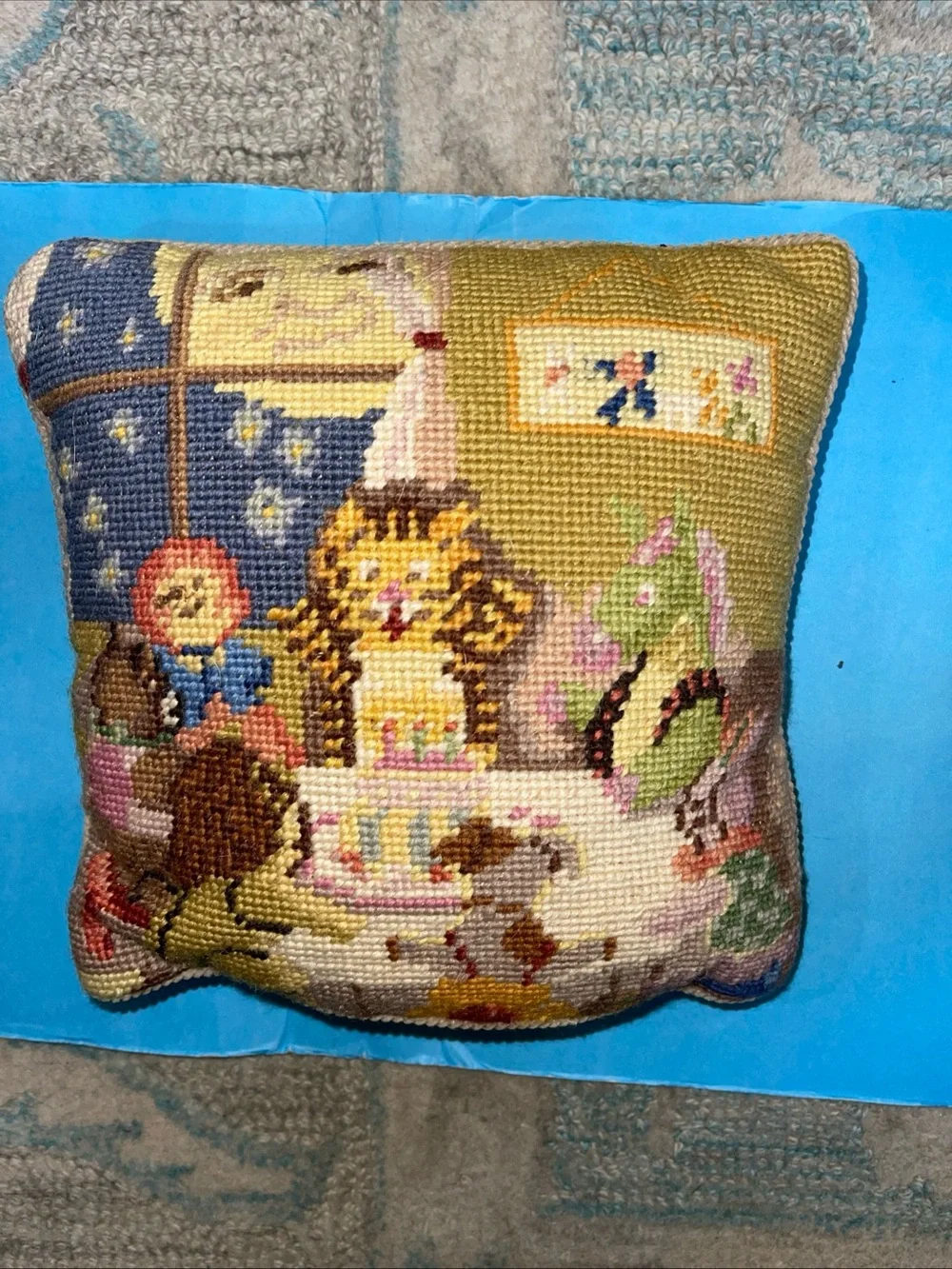 Handcrafted Needlepoint Birthday Animal Scene Accent Pillow - Multicolor